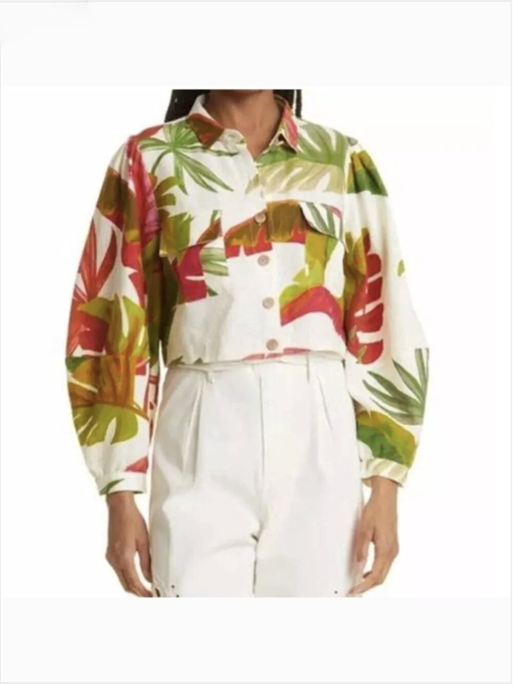 FARM Rio Crop Button-up Shirt XL Spring Forest Linen Blend Long Sleeve Tropical